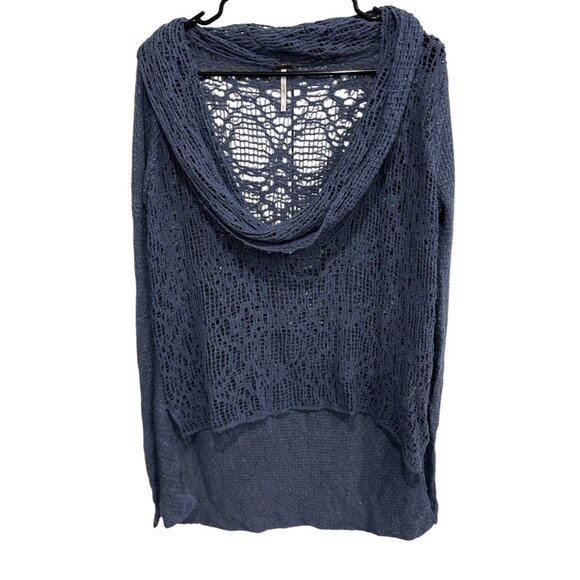 Free People Blue Open Knit Sweater With Cowl Neck Long Sleeves Sz L Boho Beachy - Picture 1 of 9
